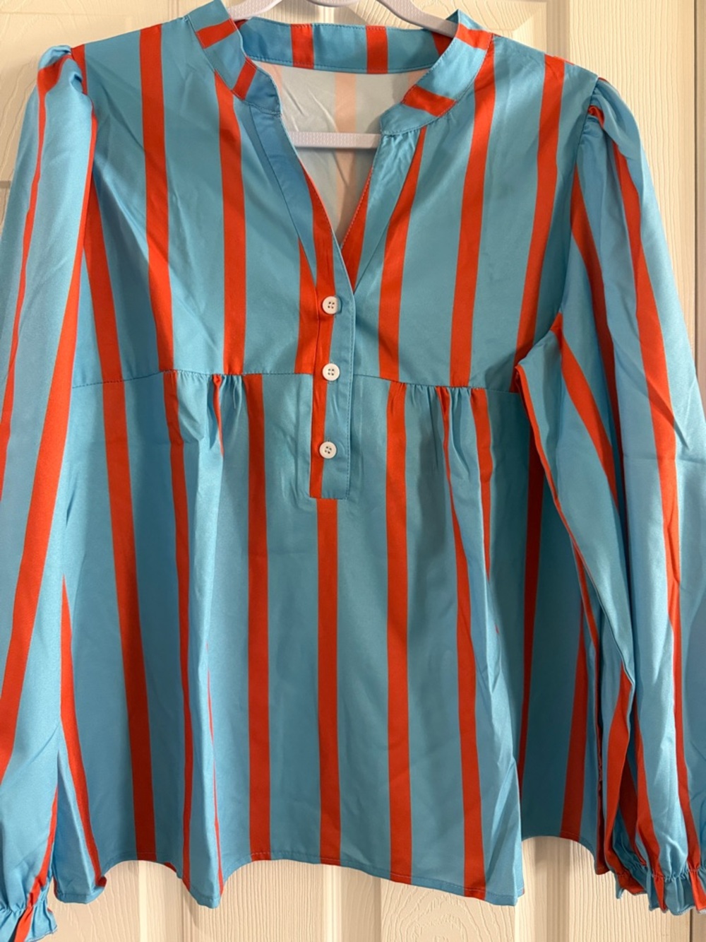 Blue and Orange Vertical Stripe Button Front Blouse